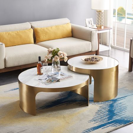Italian Style Gold & Marble Designer Round Coffee Table Set of 2