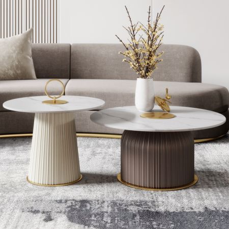 Drum Base Marble Top Round Coffee Table 