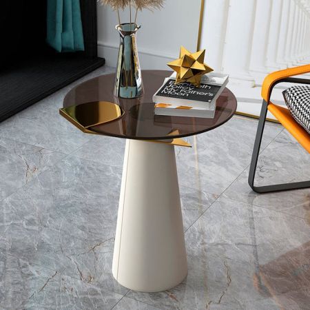 Beige & Brown & Gold Round Metal & Glass Side Table