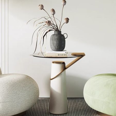 Beige & Brown & Gold Round Metal & Glass Side Table