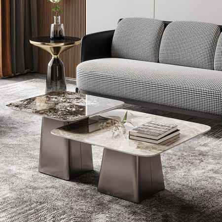 Modern Italian Style Square Metal & Sintered Stone Trapezoidal Coffee Table 