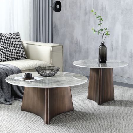 Wave Style Base Metal & Sintered Stone Round Coffee Table