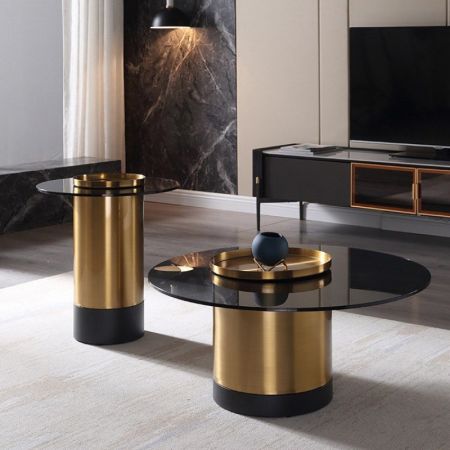 Glass Top & Gold Base Designer Round Coffee Table Set Of 2