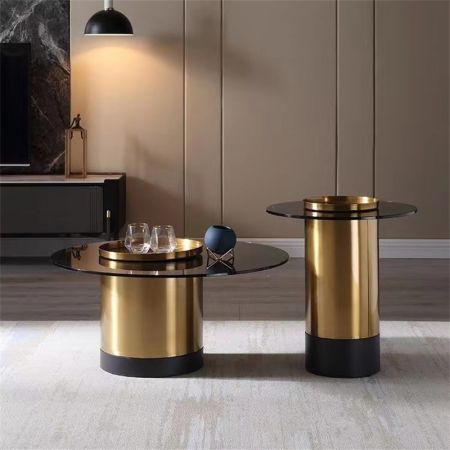 Glass Top & Gold Base Designer Round Coffee Table Set Of 2