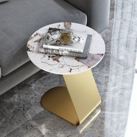 Modern Luxury Glam Italian Style Gold Round Metal & Sintered Stone Top Side Table