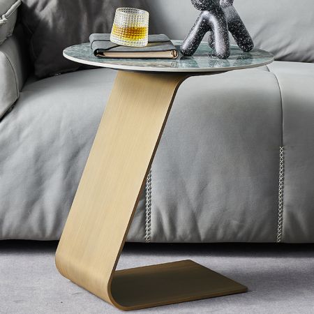 Modern Luxury Glam Italian Style Gold Round Metal & Sintered Stone Top Side Table