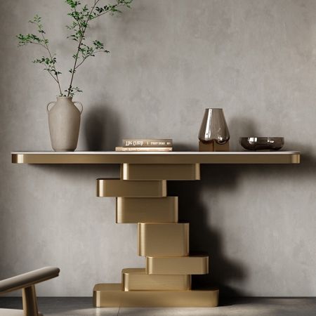 Modern Italian Style Gold Rectangle & Brick Metal and Stone Console Table