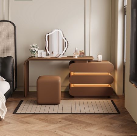 Modern LED PU Leather Vanity Set with Dresser Mirror & Chair