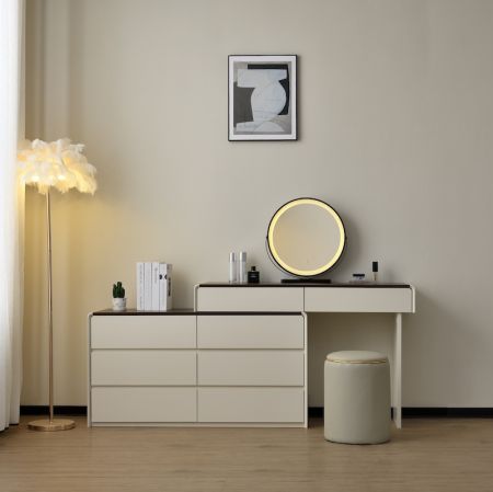 Dark Walnut Top Vanity Table & 6-Drawer Dresser Set with Mirror and Chair