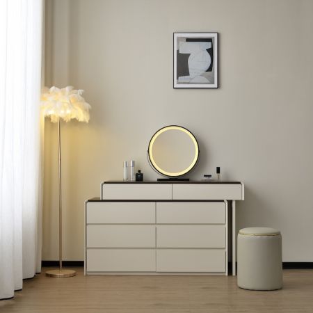 Dark Walnut Top Vanity Table & 6-Drawer Dresser Set with Mirror and Chair