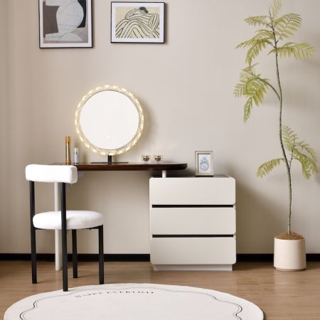 Walnut Top Vanity Table & 3-Drawer Dresser Set with Mirror and Chair