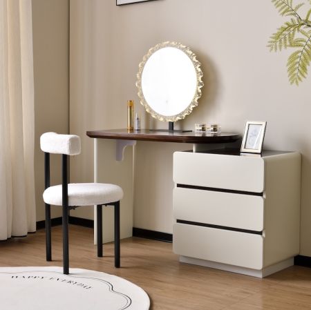 Walnut Top Vanity Table & 3-Drawer Dresser Set with Mirror and Chair