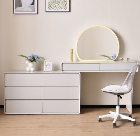 Minimalist Creamy Vanity & 6-Drawer Dresser Set with Mirror and Chair