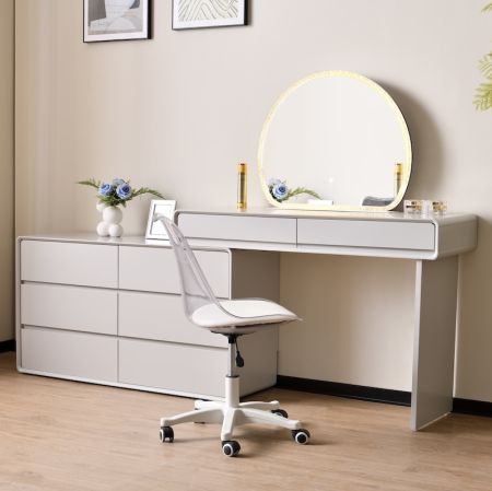Minimalist Creamy Vanity & 6-Drawer Dresser Set with Mirror and Chair
