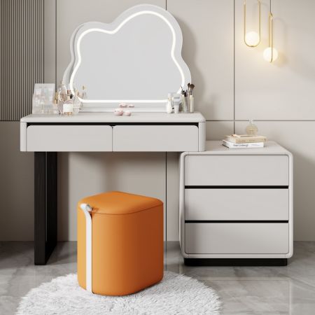 Oak-Effect Compact Vanity Table Set with 3 Drawer Cabinet Mirror and Chair