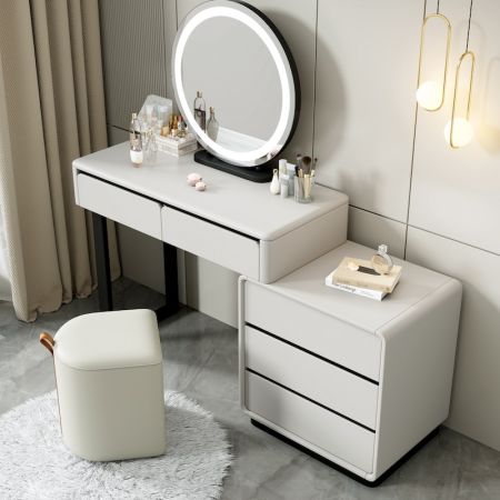 Oak-Effect Compact Vanity Table Set with 3 Drawer Cabinet Mirror and Chair