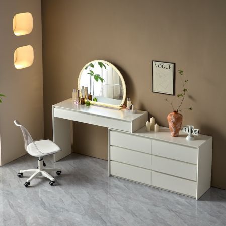 Contemporary White Vanity & 6-Drawer Dresser Set with Mirror and Chair