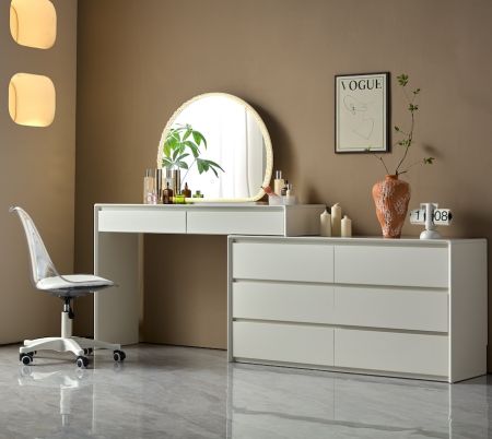 Contemporary White Vanity & 6-Drawer Dresser Set with Mirror and Chair