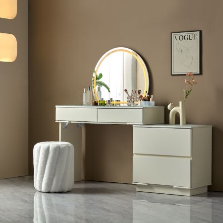 Cream Vanity & Dresser Set with Mirror and Chair
