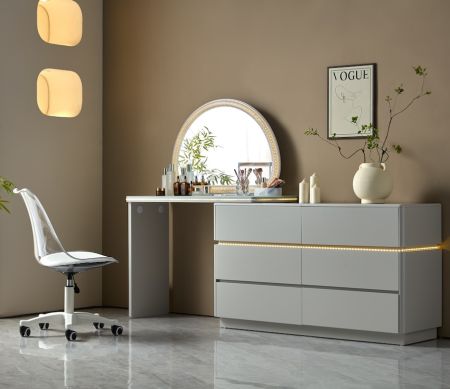 LED Crystal Grey Vanity & 6-Drawer Dresser Set with Mirror and Chair