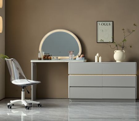 LED Crystal Grey Vanity & 6-Drawer Dresser Set with Mirror and Chair