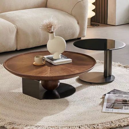 Walnut Veneer Wood And Metal Round Coffee Table Set of 2