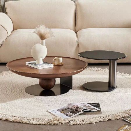 Walnut Veneer Wood And Metal Round Coffee Table Set of 2