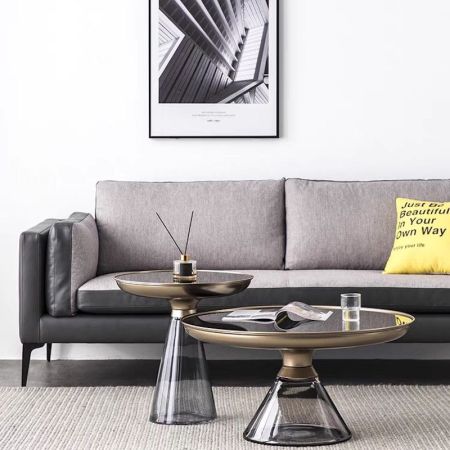 Industrial Style Glass Round Coffee Table Side Table