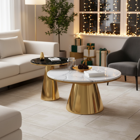 Gold Base Marble Top Round Coffee Table