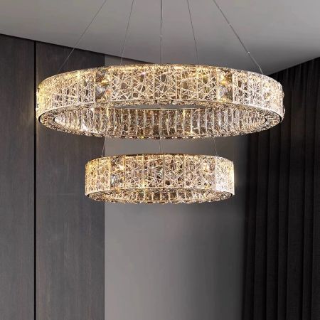 Metal and Glass Space Ring Chandelier Round/Oval 1/2 Tiers 3 Light Colours Dimmable 