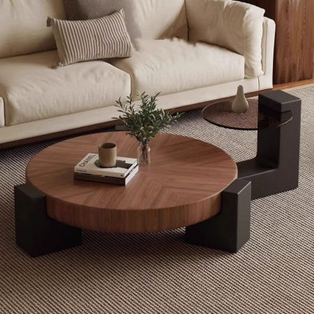 Modern Walnut & Black Wood Round Coffee Table with Drawers Set of 2