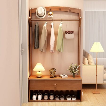 Wooden Hall Tree Coat Rack with Shoe Storage Bench