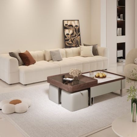 Two in One Modern Rectangular Coffee Table with Stools and Drawers