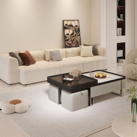 Two in One Modern Rectangular Coffee Table with Stools and Drawers