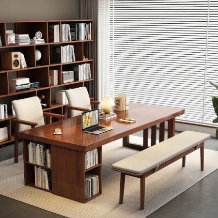 Nook Wooden Long Table with Storage Shelves