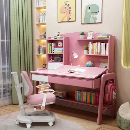 Kids Adjustable Study Desk with Tilting Desktop and Bookshelf