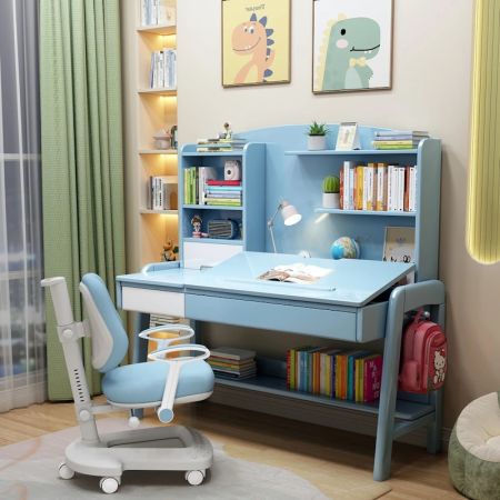 Kids Adjustable Study Desk with Tilting Desktop and Bookshelf
