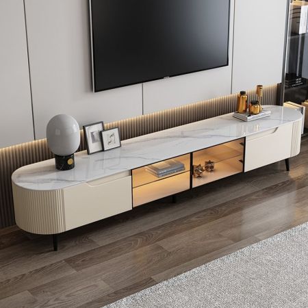 Modern Oval-Edge Sintered Stone & Timber TV Stand/TV Unit with Glass Door Storage