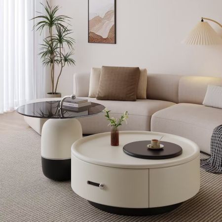 Modern Aura Nesting Round Coffee Table with Drawer Set of 2