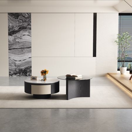 Eclipse Round Wood & Glass Coffee Table with Storage Set of 2