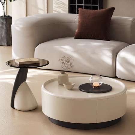 Modern Full Moon Nesting Round Coffee Table with Drawer Set of 2