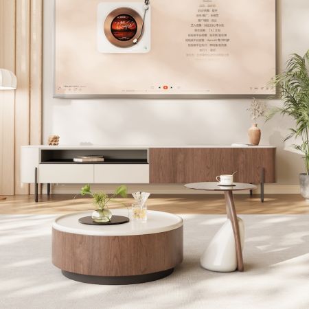 Modern Full Moon Nesting Round Coffee Table with Drawer Set of 2