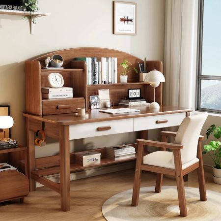 Arc Wooden Study Desk with Hutch Storage and Drawers
