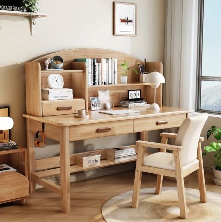 Arc Wooden Study Desk with Hutch Storage and Drawers