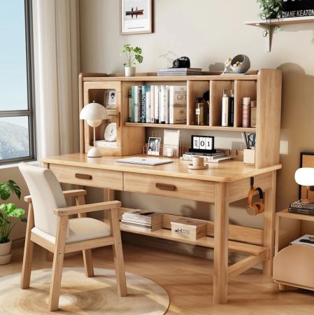 Linear Wooden Study Desk with Hutch Storage and Drawers