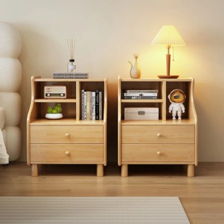 Curved Solid Wood Bedside Table with Drawers & Shelf