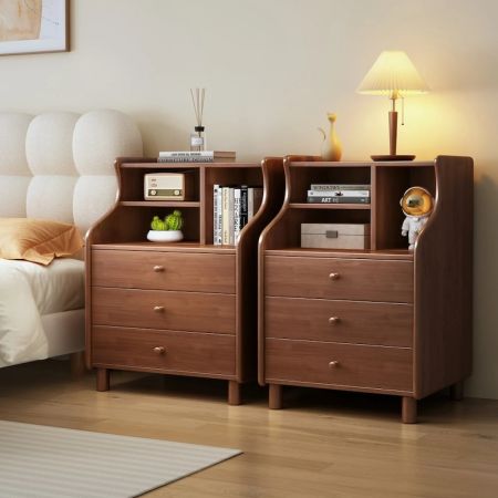 Curved Solid Wood Bedside Table with Drawers & Shelf
