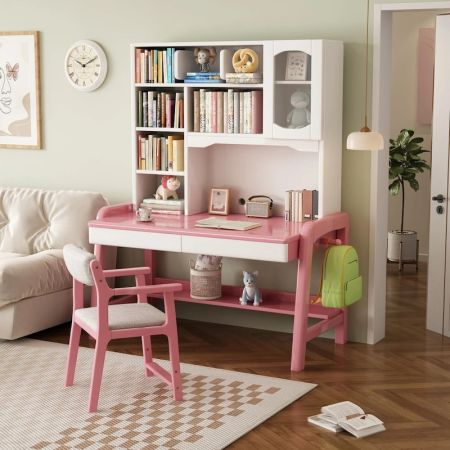 Kids 3-Level Adjustable Study Desk with Hutch Storage and Cabinet
