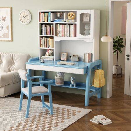 Kids 3-Level Adjustable Study Desk with Hutch Storage and Cabinet