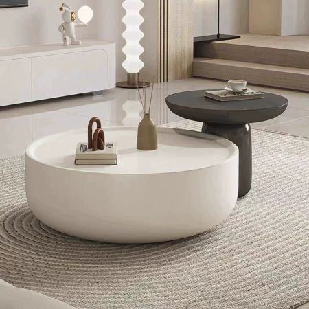Modern Mushroom Nesting Black & White Coffee Table with Drawer Set of 2